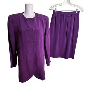 Vintage Papell Too 100% Silk Skirt Suit Purple‎ Double Breasted Blazer Set 6